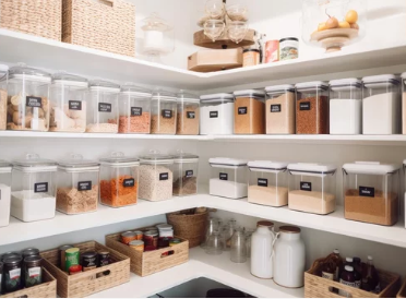Organized pantry with baskets and labels